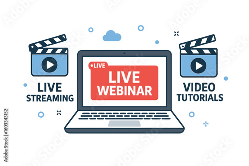 Live webinar and video tutorials concept. Online education, e-learning, and live streaming banner. Laptop screen with seminar broadcast for distance learning and online courses.