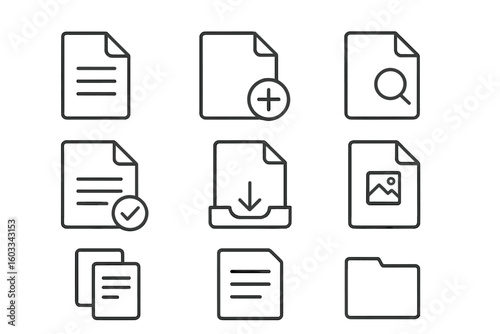 File and document line icon set for UI UX design. Thin line vector symbols for web and apps. Includes add, search, download, approved, copy, image, and folder icons. Editable stroke.