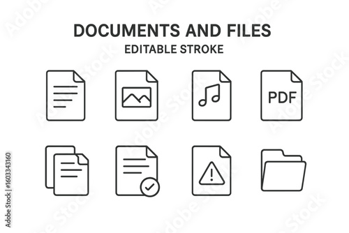 Document and file line icon set. Thin outline symbol collection for web and app ui. Editable stroke vector graphic. Contains pdf, image, audio, approved, warning, folder icons.