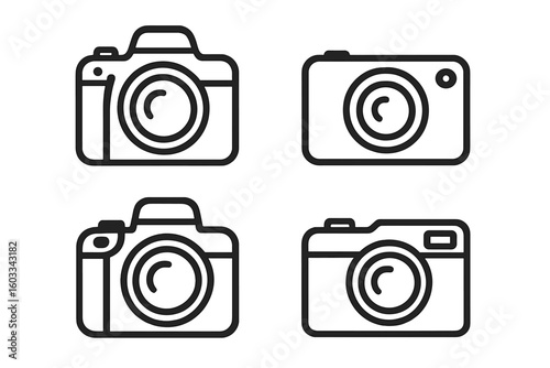 Camera line icon set. Photography and photo equipment symbols. Vector collection of modern DSLR, mirrorless and compact camera outlines for web design, app, and logo.