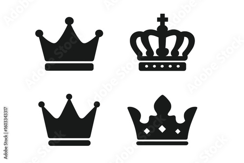Crown vector icon collection. Set of four black king and queen royal symbols. Luxury, premium, and VIP emblems for logos. Monarchy and power concept illustration isolated.