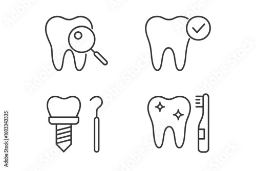Dental care and stomatology line icons set. Oral hygiene and dentistry concepts. Tooth examination, healthy tooth, implant surgery, teeth cleaning, toothbrush vector symbols.