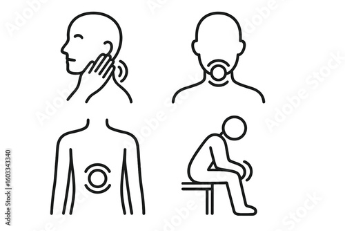 Medical symptoms line icon set. Body pain, sore throat, backache, neck ache, joint pain pictogram collection. Health problem and illness concept. Editable stroke vector icons.