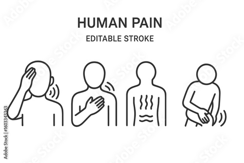 Human pain and body ache editable stroke linear icon set. Sickness symptoms like headache, chest, back and stomach pain. Medical health care vector illustration symbol.