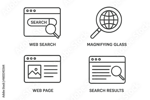 Web search icon set. Internet search engine optimization concept. Magnifying glass, browser page, global search, SERP. Thin line icons for website, UI, UX design, app. Vector.