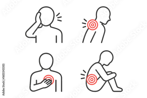 Body pain line icon set. Headache, backache, chest pain, and neck ache symptoms. Human anatomy with injury marks. Medical health care pictogram. Editable stroke vector signs.