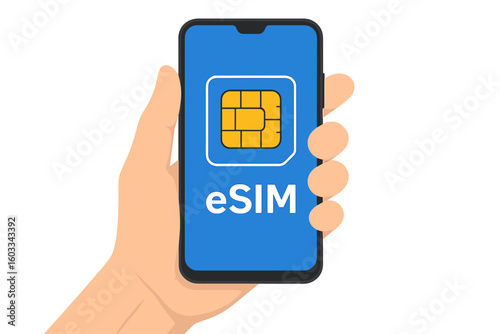 Wallpaper Mural Hand holding smartphone with eSIM chip icon. Embedded SIM card technology concept. New mobile communication technology. Digital cellular data plan. Vector illustration isolated. Torontodigital.ca