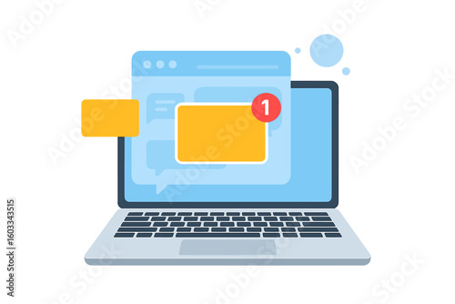 New message on the laptop screen. Unread email notification in the inbox. Online chat and e-mail marketing concept. Internet communication technology vector illustration.