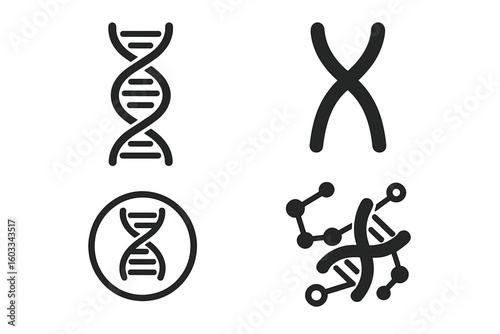 DNA icon set. Chromosome, molecule, and genetic symbols. Science vector collection for biology and medical projects. Genome, helix structure, and gene code pictograms.
