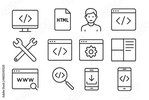 Web development line icons set. Programming, coding, and software engineering pictograms. UI, UX, and graphic interface design elements. Website and app development symbols.