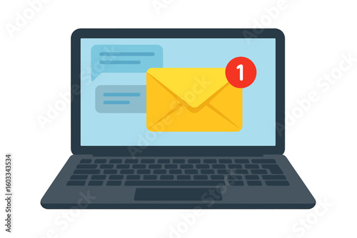 New message notification on laptop screen. Unread email in inbox with alert counter. Online chat, correspondence and e-mail marketing concept. Vector illustration flat design.