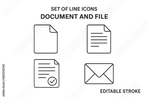 Modern Line Icons Set – Document Types and File Objects, Blank Paper Sheet Templates, Official Agreement and Contract Outline, Business Letter, Envelope, Checklist Symbol, Editable Stroke Vector