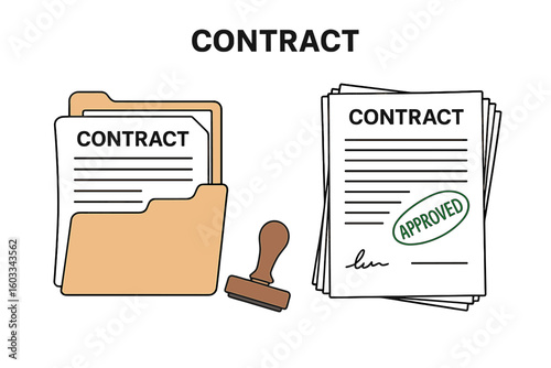 Signed contract agreement with approval stamp. Document folder with legal papers. Business deal paperwork with signature. Official document certified. Vector icon illustration.