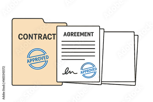 Approved contract documents concept. Signed agreement papers in a folder with a blue stamp. Business deal, legal paperwork, official validation, partnership, and successful deal.