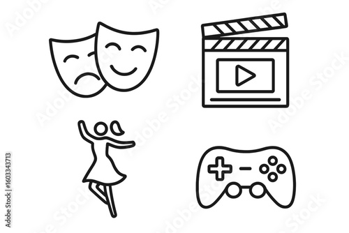 Entertainment and lifestyle icon set. Thin line art collection for web and mobile app design. Includes theater masks, cinema clapperboard, dancing, and video game controller symbol.