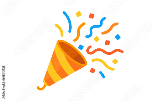 Party popper with exploding confetti. Festive vector icon for celebration, birthday, New Year's, and holiday design. Surprise and fun element. Flat cartoon illustration.