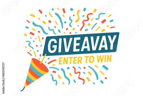 Giveaway enter to win banner. Party popper exploding with confetti. Festive promotion announcement. Gift prize concept for winners. Social media marketing post template.