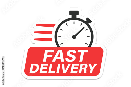 Express Delivery with Stopwatch Icon Sticker Label. Fast Timer, Urgent Shipping, Quick Online Delivery Service Concept. Speedy Courier, Rush Logistics, Rapid Move, Time-Sensitive Parcel
