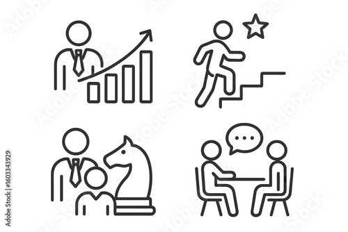 Business growth and success line icon set. Career progress, strategy, job interview, profit graph, ambition icons. Vector pictogram for web, mobile app, and infographic.