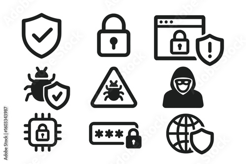 Cyber security and internet protection vector icon set. Web and mobile app symbols for data privacy, antivirus, network safety, and virus defense. Includes hacker, lock, and shield.
