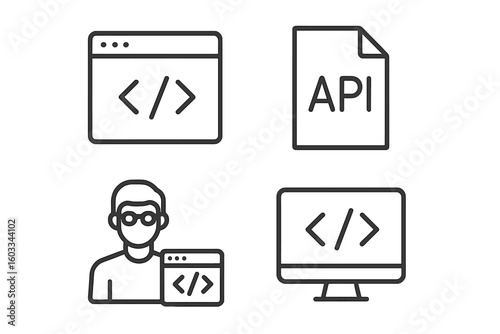 Programming line icon set. Software development outline vector illustrations. Code, API, developer, and computer symbols for web design and mobile app technology.