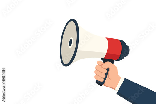 Hand holding a megaphone for announcement and advertising. Loudspeaker for business promotion, social media marketing concept. Bullhorn for alert, speech, and protest. Vector.