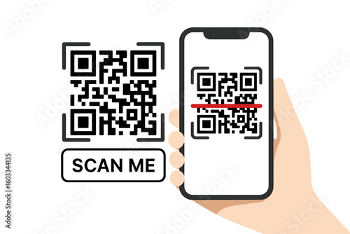 Scanning QR code with smartphone. Hand holding mobile phone with scanner app. Contactless payment technology. Scan me concept for web, banner, ui. Digital barcode for info.