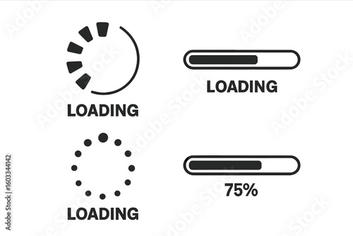 Progress loading bar vector icon set. Load sign and status indicator collection for web and app design. UI, UX visualization element for buffering, upload, or download.