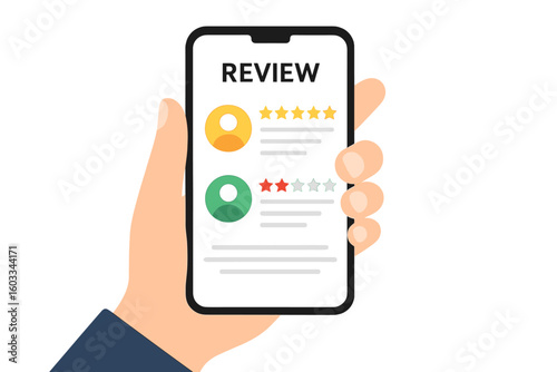 Hand holding smartphone with online customer reviews. Good and bad rating for user experience. Feedback concept for service satisfaction, quality evaluation and ranking choice.