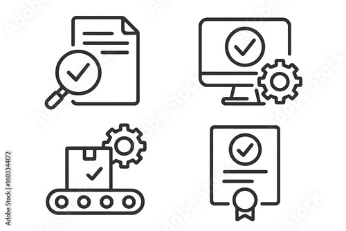 Quality control icon set. Inspection process line icons. Product testing, evaluation, certification concepts. Assurance, verification, guarantee. Checkmark, conveyor, document.