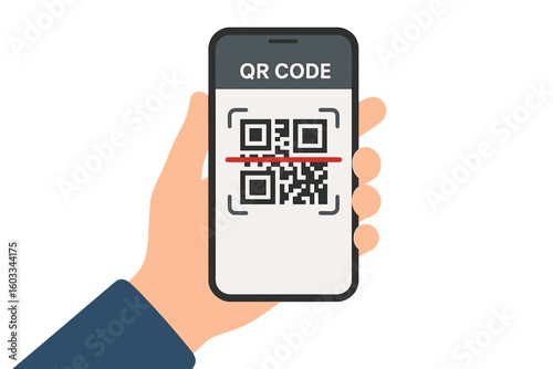 Hand holding smartphone scanning a QR code. Mobile phone with QR code reader app on screen. Concept for contactless payment, online shopping, digital verification, cashless society.