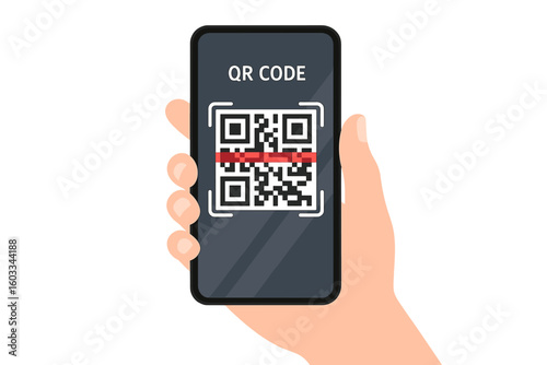 Hand holding smartphone with QR code scanner on screen. Scanning QR code for contactless payment, online shopping, or verification. Mobile technology for cashless transactions.
