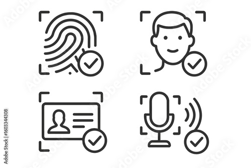 Set of identity verification line icons. Biometric authentication concepts for web and mobile app. Fingerprint scan, face ID, document check, and voice recognition symbols.