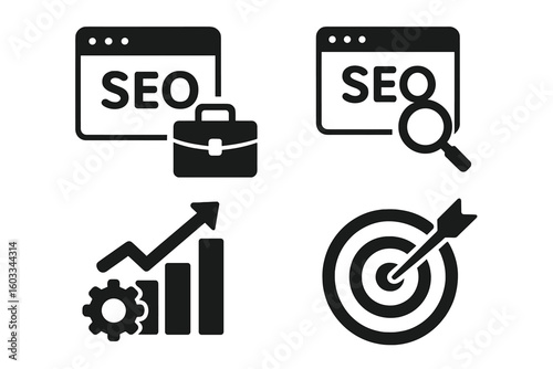 SEO marketing icon set. Search engine optimization symbols for web and mobile app. Business concept for traffic growth, data analysis, strategy, and keyword targeting.