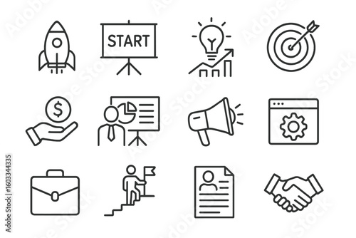 Startup business launch and marketing concept, financial growth and career beginning icons set, linear style outline pictograms for mobile apps and websites, modern web icon collection