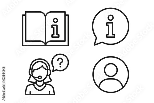 Information icon set. Thin line style icons for help desk, customer service, user manual, guide, faq and profile. Vector for web and mobile app user interface design.