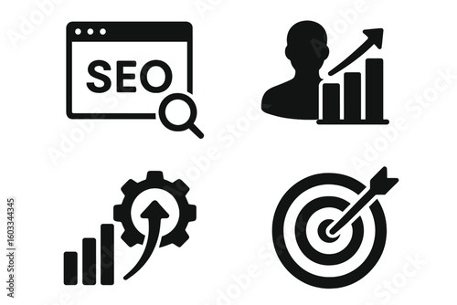 SEO Optimization Vector Icons Set. Search Engine Marketing, Traffic Growth, Target Audience, Business Analytics, Ranking Improvement, Web and Mobile App Optimization Concepts