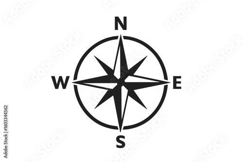 Compass rose icon for navigation and direction. Simple windrose symbol for travel, exploration, and cartography. North, south, east, west sign. Flat vector logo.