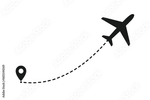 Airplane Flight Path Vector With Dotted Route From Location Pin Symbol. Travel Journey Concept, Departure Arrival Navigation, Airplane Route, Destination Point, Map Marker, Aviation, Trip Guide Art