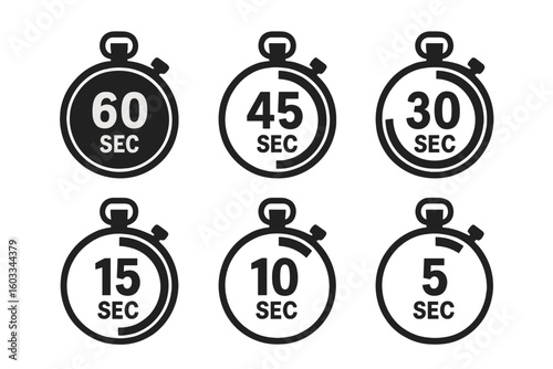 Stopwatch Countdown Timer Icons Set – Minimal Flat Style – Time Interval Clock Symbols for Apps, Websites, Sports, Fitness, Cooking, Countdown UI Elements, Isolated on White Background