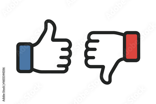 Thumbs Up and Thumbs Down Icon Set. Flat Like Dislike Vector Illustration on Transparent Background. Social Media Approval, Feedback, Yes No Concept. Hand Gestures for Rating, Agreement, Opinion.