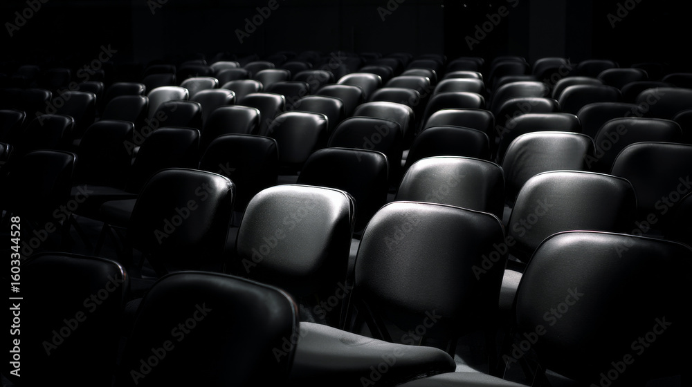 Fototapeta premium Dim lighting casts a mysterious tone over plush black seats arranged in rows at a convention center