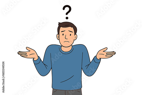 Man shrugging shoulders with a question mark. Guy has a problem, searching for a solution. Helpless gesture, I don't know expression. Uncertainty and confusion concept.