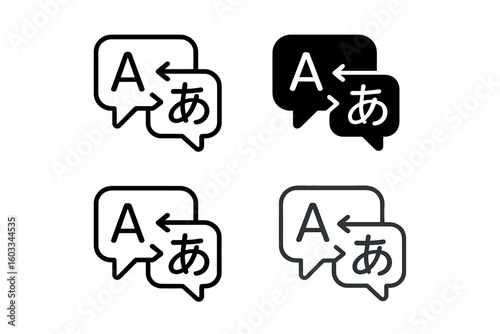 Set of language translation icons. Translator app pictogram with chat bubbles. Foreign language communication symbol. Multilingual dictionary and speak business concept.