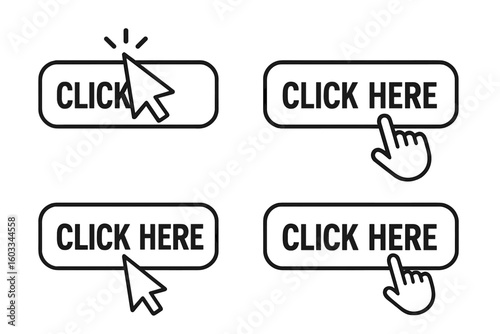 Click here button set with computer mouse cursor and hand pointer icons. Call to action web buttons for UI and UX design. Website navigation link, clickbait concept vector.