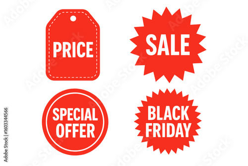 Red sale sticker and price tag icon set. Special offer and Black Friday labels for shopping and retail promotion. Vector sunburst badge for discount and marketing banner.
