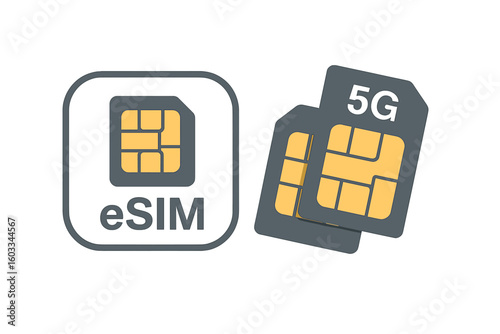 Modern eSIM and 5G SIM Card Technology Concepts. Embedded SIM, Removable SIM Card Chip, Mobile Connectivity Solutions, Telecommunication Vector Icon Illustration. Future Mobile Devices.