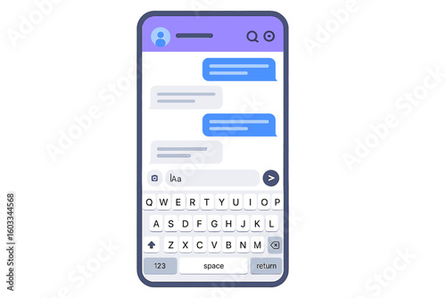 Vector chat app interface on mobile phone screen. Social media messenger template with message bubbles and keyboard. Smartphone communication, conversation concept design.
