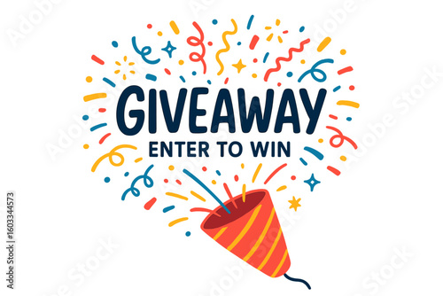 Giveaway enter to win banner. Exploding party popper with confetti. Festive contest announcement for social media. Winner prize gift concept. Promotion lottery vector.