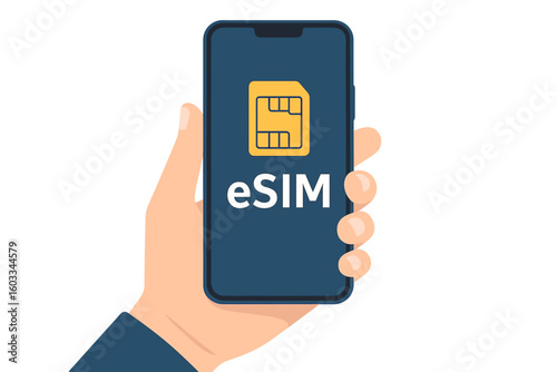 eSIM card chip sign on mobile device screen. Hand holding smart phone. Embedded SIM concept. New mobile communication technology. Flat vector illustration icon symbol.